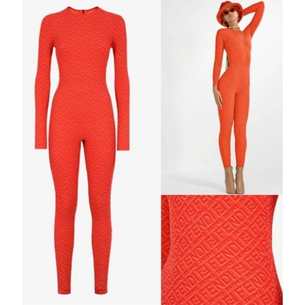 Fendi x SKIMS Logo Embossed Long Sleeve Jumpsuit Bodysuit Orange Red 4X NEW